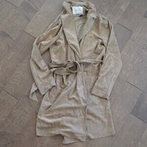Olivaceous Wrap Tie Waist Belted Faux Suede Trench Coat Beige womens Size Small